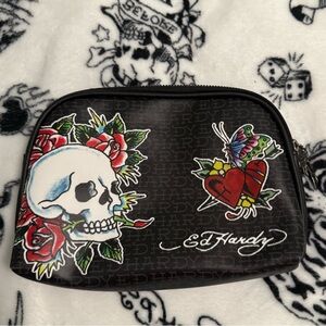 Small Ed Hardy Black Cosmetic Pouch with Colorful Tattoo Skull and Heart
